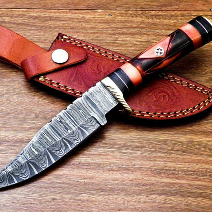 10" Handmade Damascus Steel Bowie Hunting Knife | Engraved Camel Bone & Hardwood Handle
