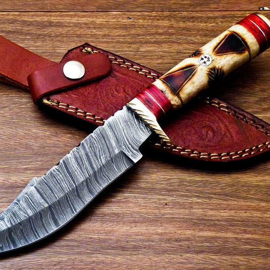 10" Handmade Damascus Steel Bowie Hunting Knife – Engraved Camel Bone & Wood Handle