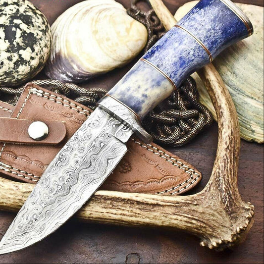10" Handmade Damascus Steel Bowie Knife | Camel Bone Handle