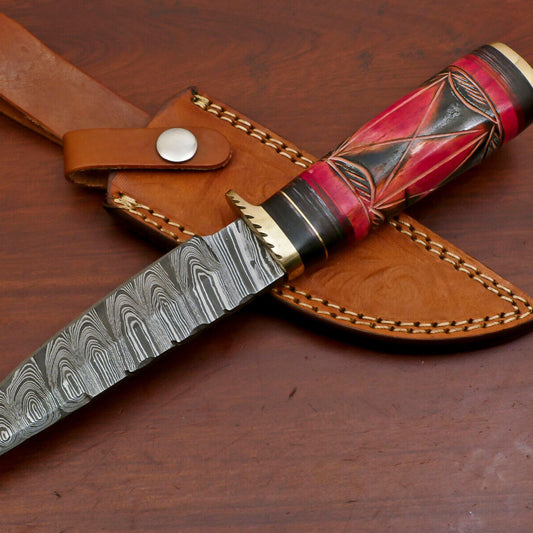 10" Handmade Damascus Steel Bowie Knife – Camel Bone & Pakka Wood Handle