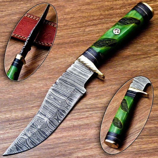 10" Handmade Damascus Steel Bowie Knife – Engraved Camel Bone & Hardwood Handle
