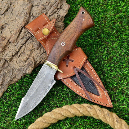  10" Handmade Damascus Steel Bowie Knife – Exotic Wood Handle with Leather Sheath

