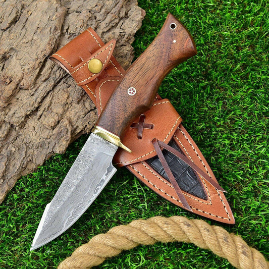  10" Handmade Damascus Steel Bowie Knife – Exotic Wood Handle with Leather Sheath


