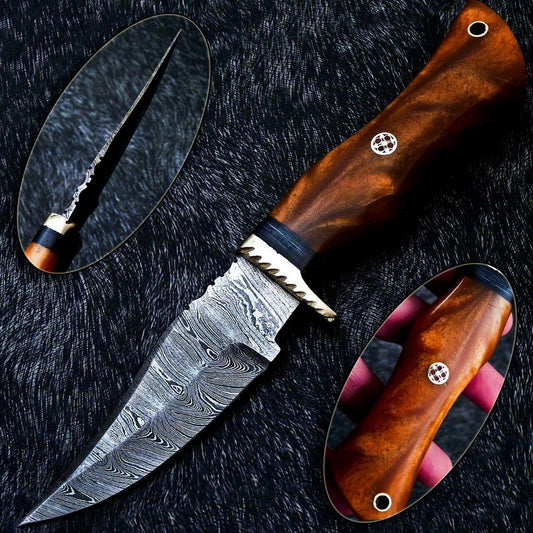 10" Handmade Damascus Steel Bowie Knife – Resin Handle with Brass Bolster & Leather Sheath