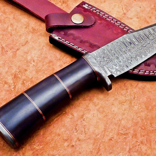10" Handmade Damascus Steel Bowie Knife | Stained Camel Bone Handle