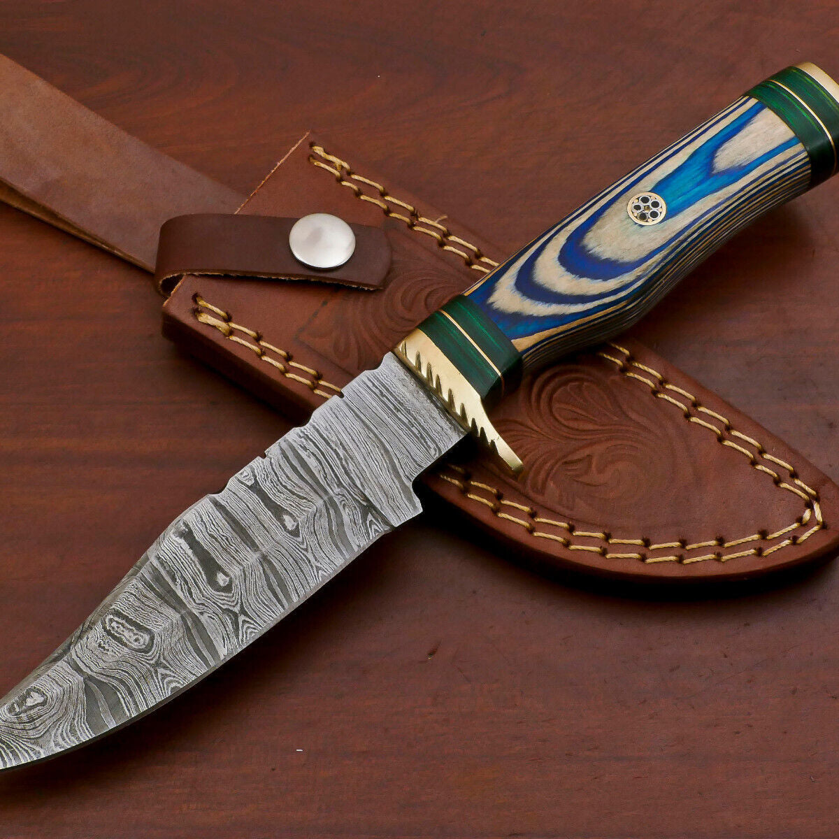 10" Handmade Damascus Steel Bowie Knife with Pakka Wood Handle & Brass Guard