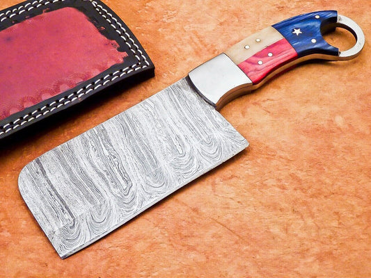 10" Handmade Damascus Steel Chef Chopper Cleaver – Camel Bone & Hardwood Handle, With Leather Sheath