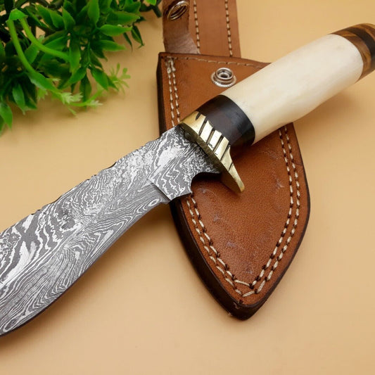 10" Handmade Damascus Steel Dagger Bowie Knife | Camel Bone Handle