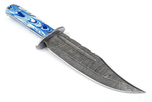 10" Handmade Damascus Steel Full Tang Hunting Bowie Knife – Resin Handle, Twist Pattern, With Leather Sheath