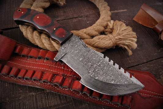 10" Handmade Damascus Steel Full Tang Tracker Knife – Survival, Hunting, Camping, Bushcraft Bowie with Olive Wood Handle & Leather Sheath