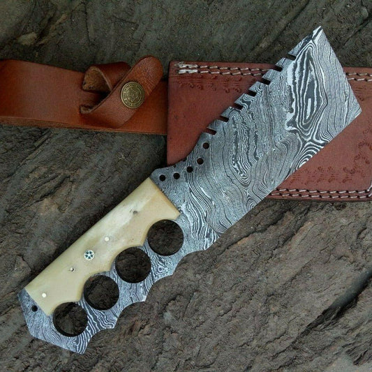 10" Handmade Damascus Steel Hunting Cleaver – Camel Bone Handle