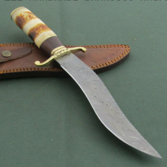 10" Handmade Damascus Steel Knife Damascus Bowie Knife with Camel Bone Handle & Sheath