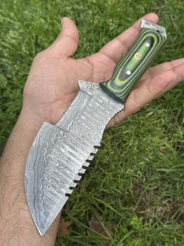 10" Handmade Damascus Steel Military Hunting Tracker Knife – Full Tang Fixed Blade Survival EDC with Micarta Handle & Leather Sheath