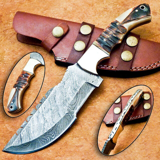 10" Handmade Damascus Steel Tracker Bowie Knife – Full Tang, Camel Bone Handle
