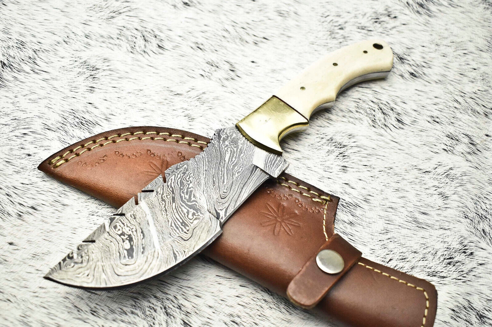 10" Handmade Damascus Steel Tracker Knife – Full Tang Blade with Camel Bone Handle & Leather Sheath