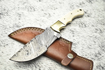 10" Handmade Damascus Steel Tracker Knife – Full Tang Blade with Camel Bone Handle & Leather Sheath