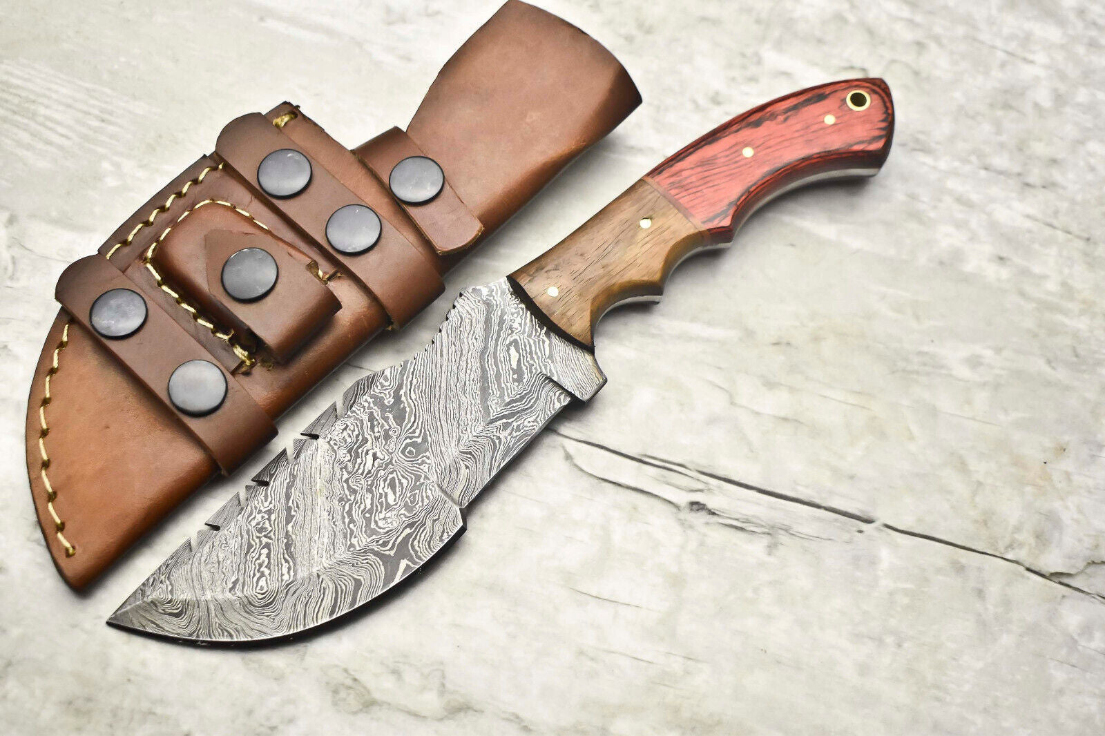 10" Handmade Damascus Steel Tracker Knife | Full Tang Camel Bone Handle with Leather Sheath
