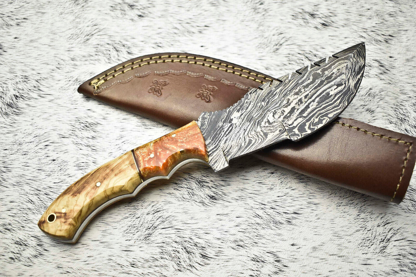 10" Handmade Damascus Steel Tracker Knife | Full Tang Hardwood Handle & Leather Sheath