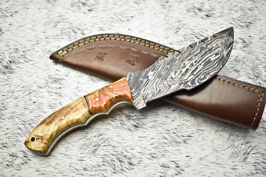 10" Handmade Damascus Steel Tracker Knife | Full Tang Hardwood Handle & Leather Sheath