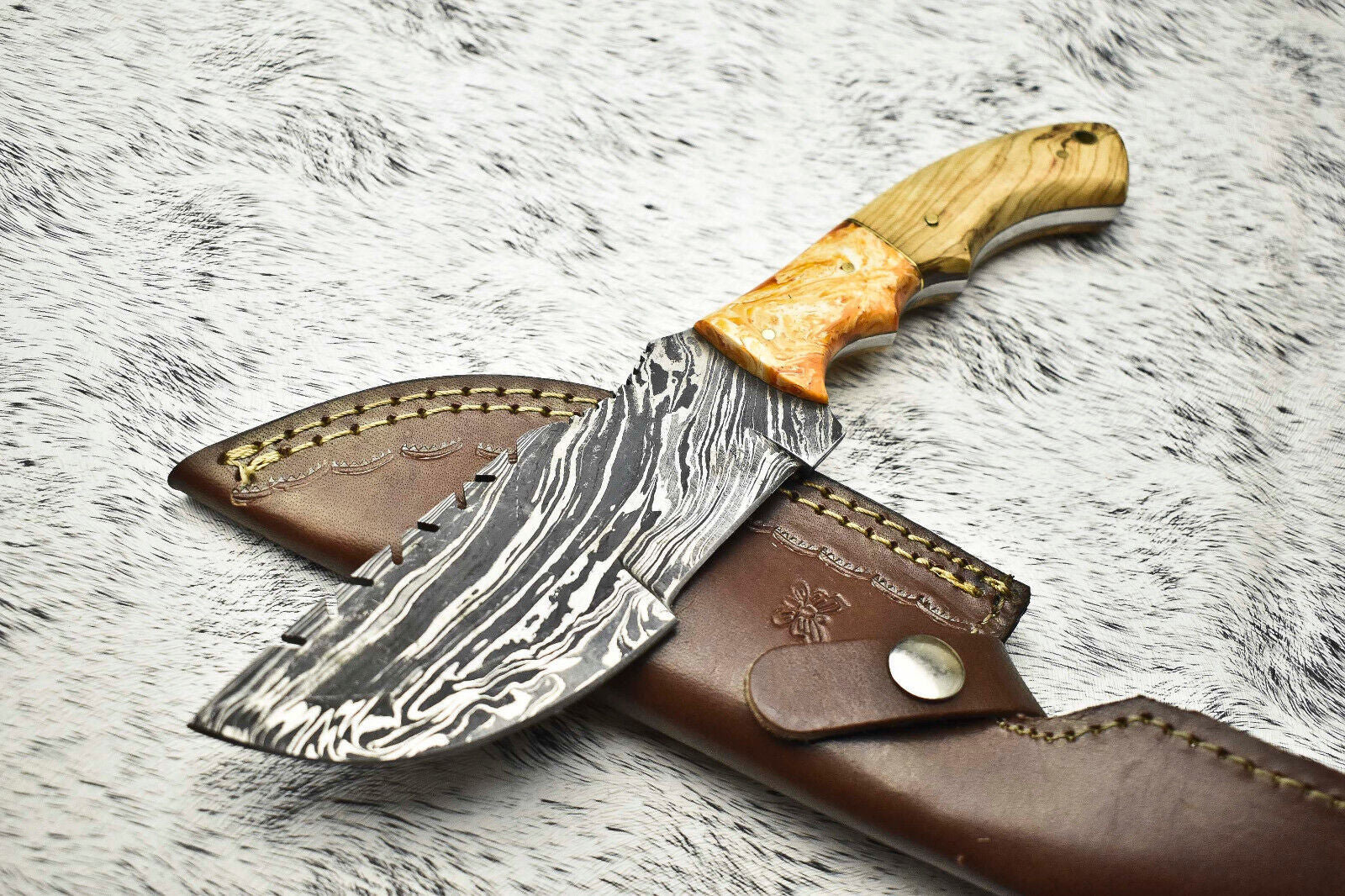 10" Handmade Damascus Steel Tracker Knife | Full Tang Hardwood Handle with Leather Sheath