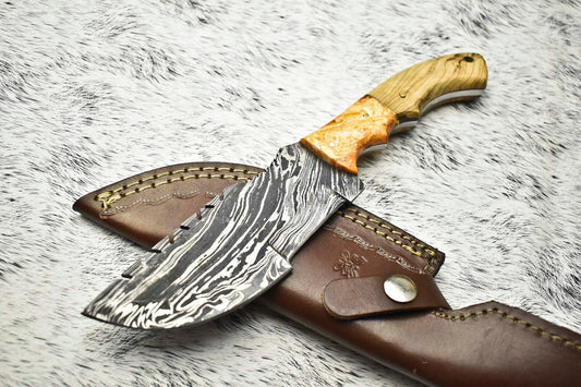 10" Handmade Damascus Steel Tracker Knife | Full Tang Hardwood Handle with Leather Sheath
