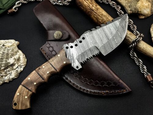 10" Handmade Damascus Steel Tracker Knife – Full Tang Olive Wood Handle Hunting, Survival & Tactical Knife with Sheath