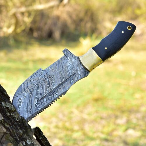 10" Handmade Damascus Steel Tracker Knife | Hard Wood Handle & Leather Sheath