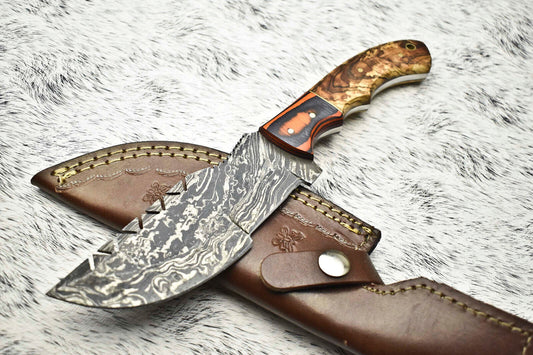 10" Handmade Damascus Steel Tracker Knife | Hardwood Handle & Leather Sheath