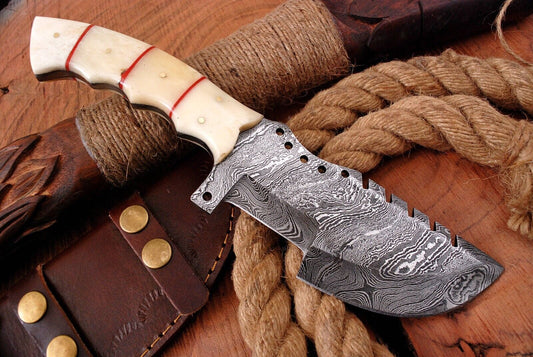 10" Handmade Damascus Steel Tracker Knife – Survival Hunting Fixed Blade Bushcraft EDC with Leather Sheath
