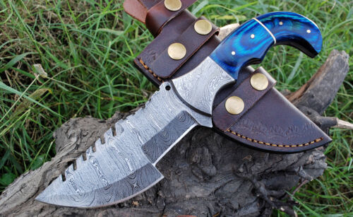 10" Handmade Damascus Steel Tracker Knife – Tactical Survival Hunting Fixed Blade with Leather Sheath