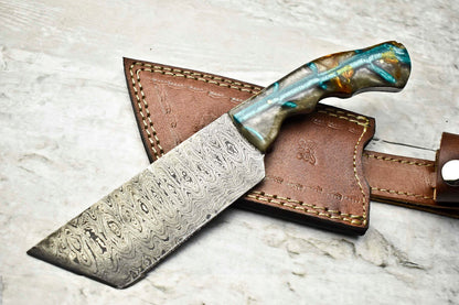 10" Handmade Damascus Steel Tracker Knife with Corian Handle & Leather Sheath
