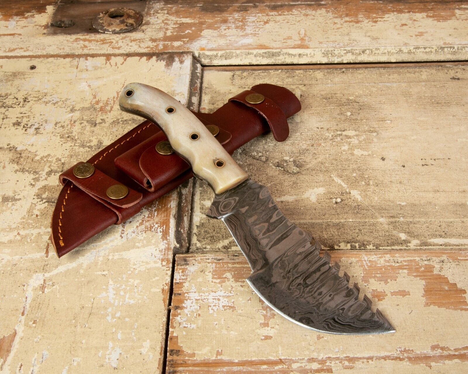 10" Handmade Damascus Tracker Hunter Survival Bushcraft Knife | Bone Handle & Leather Sheath