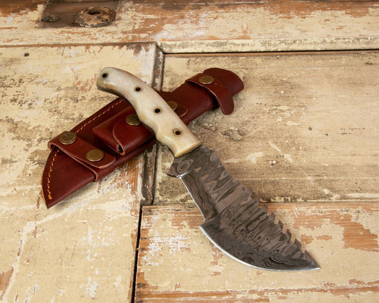 10" Handmade Damascus Tracker Hunter Survival Bushcraft Knife | Bone Handle & Leather Sheath