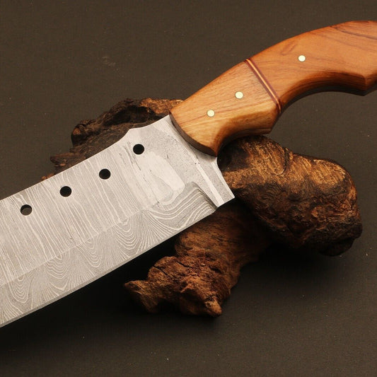 10" Handmade Ladder Damascus Steel Cleaver Bowie Knife – Natural Wood Handle