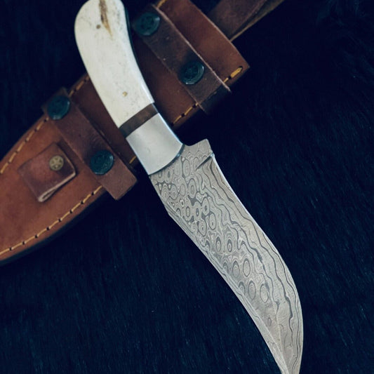 10" Handmade Rain Drop Damascus Steel Bowie Knife – Camel Bone & Wood Handle