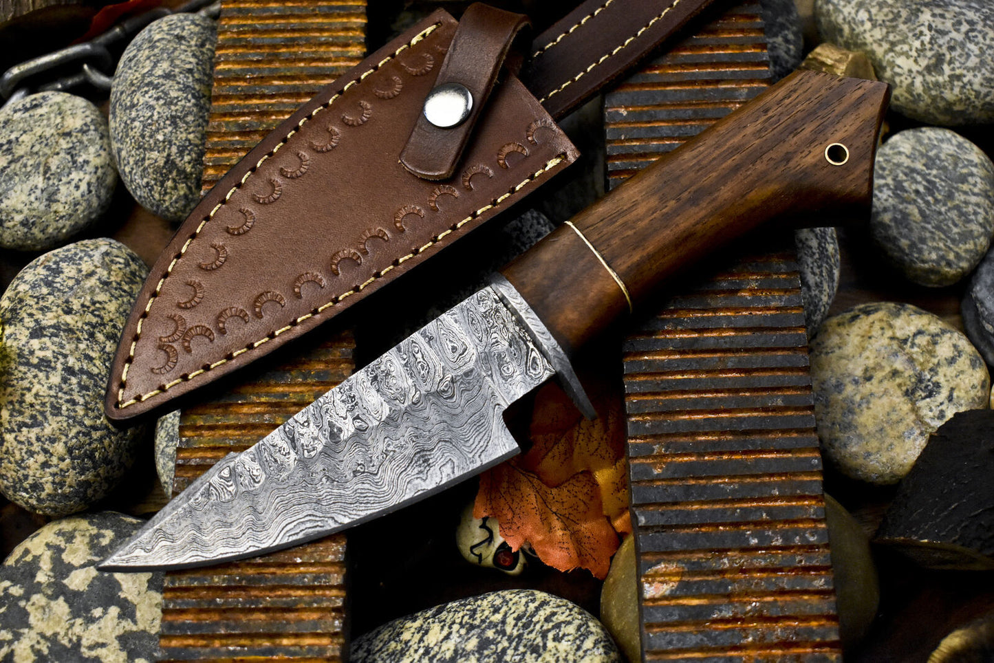 10" Handmade Skinner Knife Rain Drop Damascus with Walnut Wood Handle | Outdoor Hunting Blade

