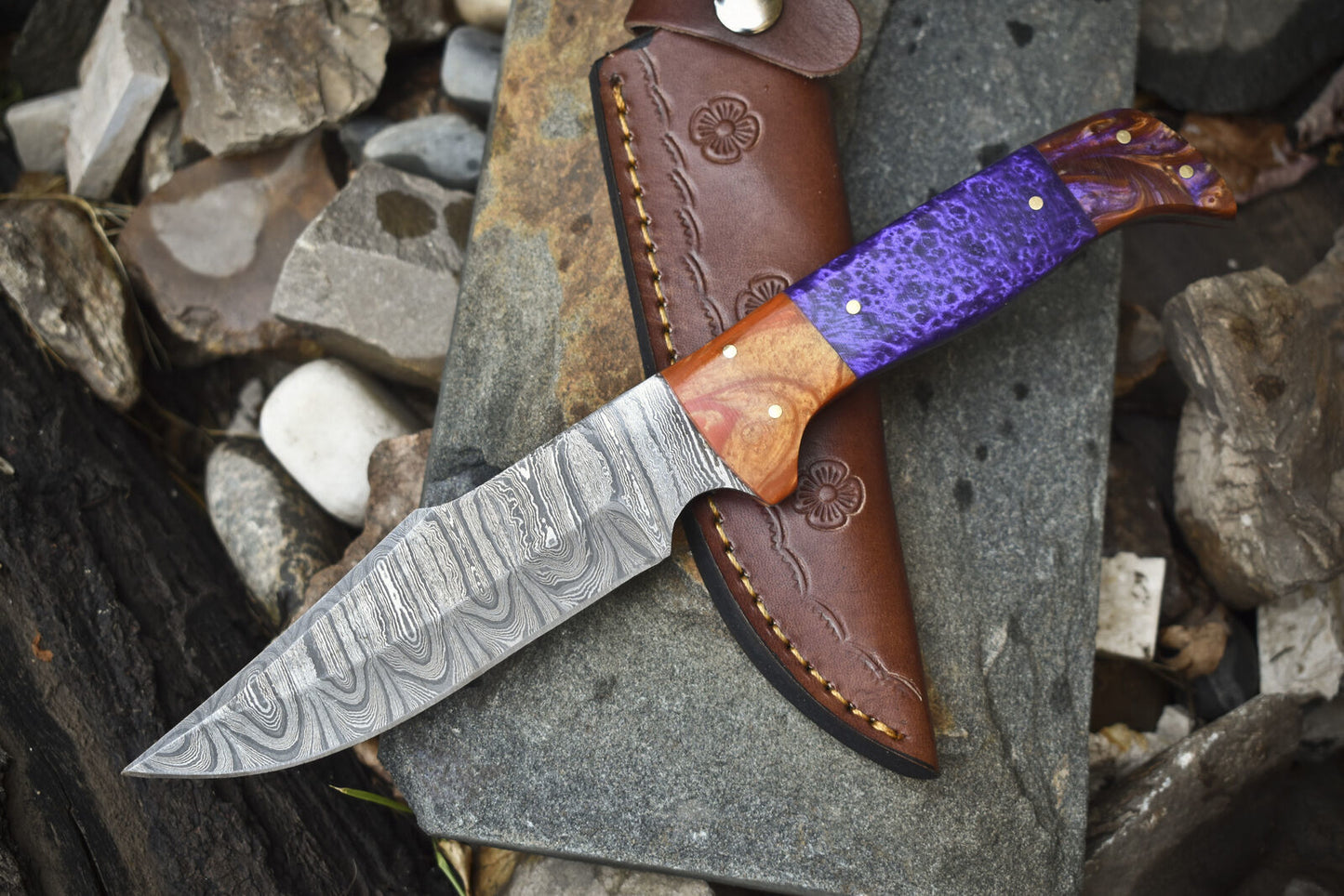 10" Handmade Twist Damascus Skinner Knife with Corian Handle & Micarta Bolster – Tactical Outdoor Blade