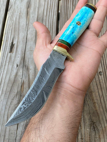 10" Handmade damascus bowie Knife damascus steel knife with Camel Bone Handle & Sheath