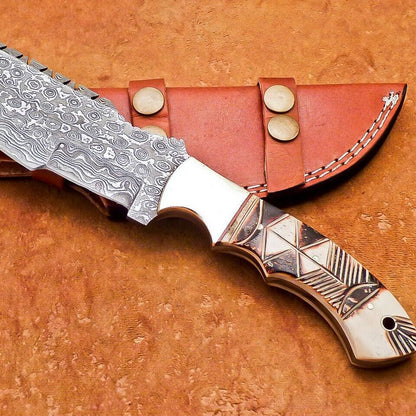 10" Heritage Forge Damascus Tracker Bowie Knife – Full Tang Engraved Camel Bone Handle