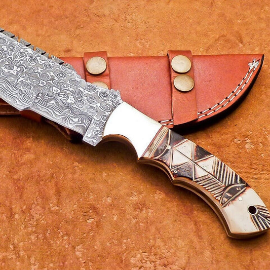 10" Heritage Forge Damascus Tracker Bowie Knife – Full Tang Engraved Camel Bone Handle
