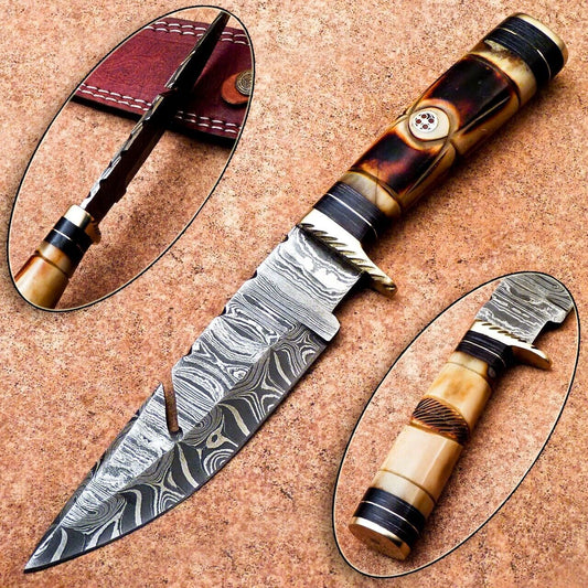 10" Heritage Forge Handmade Damascus Steel Bowie Hunting Knife | Camel Bone & Wood Handle