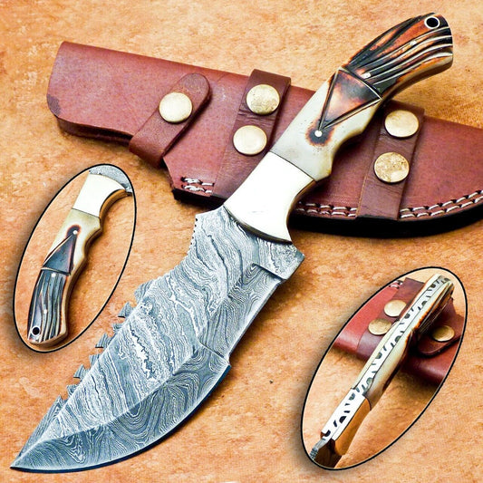 10 Inch Bowie Knife with Engraved Camel Bone Handle and Damascus Steel Blade