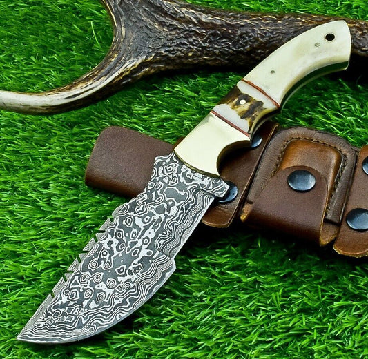 10 Inch Custom Damascus Steel Tracker Bowie Knife with Camel Bone Handle