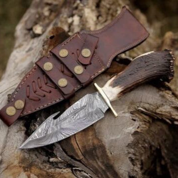 10 Inch Custom Forged Damascus Gut Hook Hunting Knife with Deer Crown Stag Handle