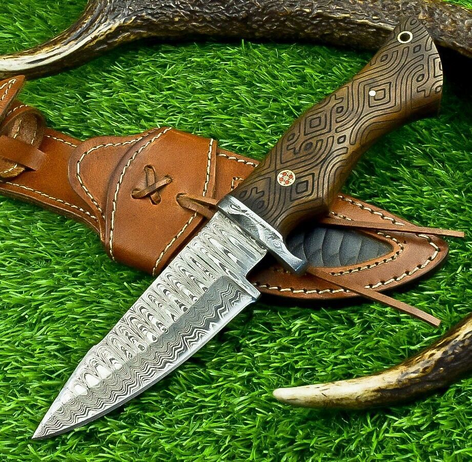 10 Inch Custom Forged Damascus Steel Bowie Hunting Knife with Natural Wood Handle