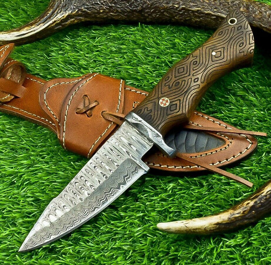 10 Inch Custom Forged Damascus Steel Bowie Hunting Knife with Natural Wood Handle