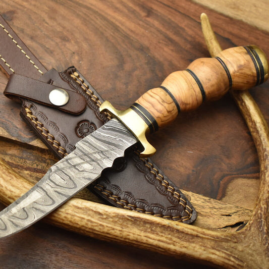 10 Inch Custom Hand Forged Damascus Steel Bowie Knife with Olive Wood Handle