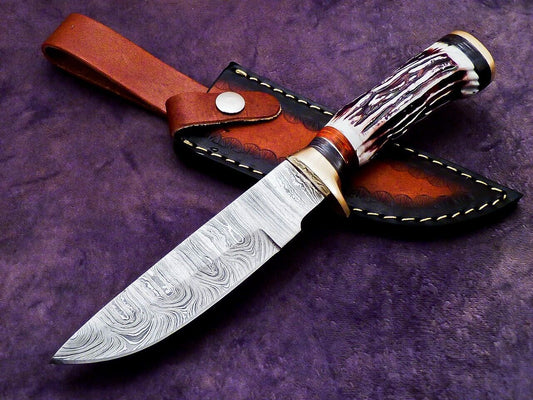 10 Inch Custom Handmade Damascus Camping Knife with Stag Handle by Heritage Forge