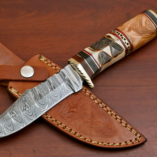 10 Inch Custom Damascus Hunting Knife with Camel Bone Olive and Pakka Wood Handle