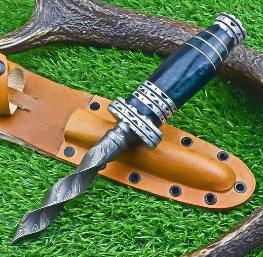 10 Inch Damascus Kris Dagger Bowie Knife with Resin Handle for Hunting and Camping